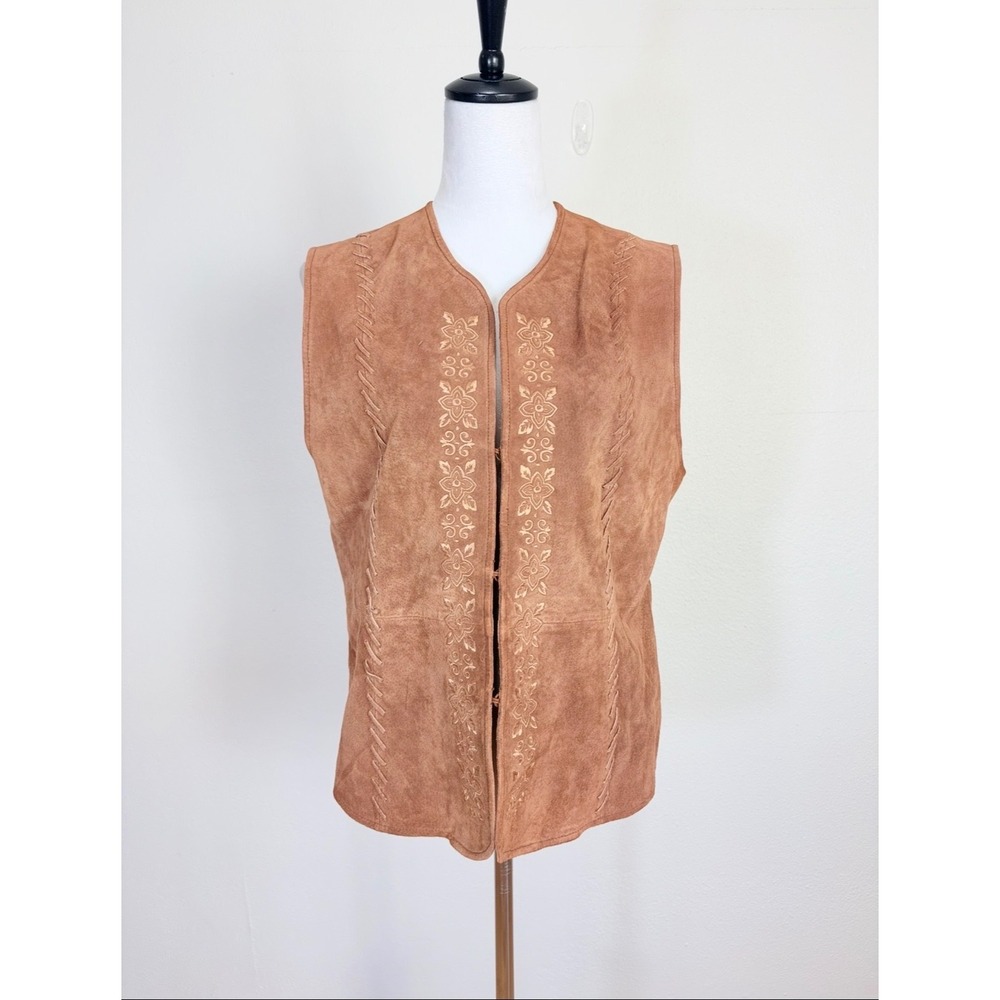 Outbrook Light Brown Suede Leather Floral Embroidered Vest Jacket Size Large Y2K